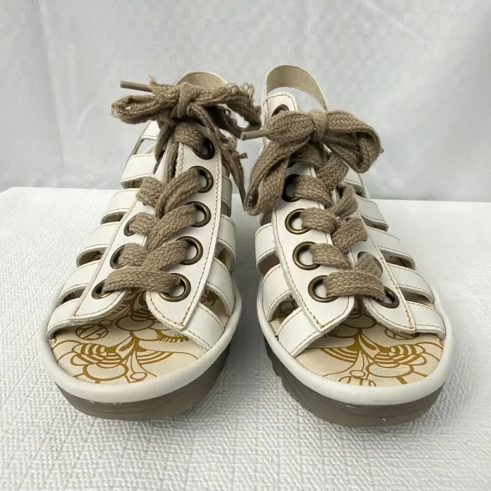 Fly London Yito Shoes Womens Size 9 US Wedge Sandals 40 EU White Leather Shoes
